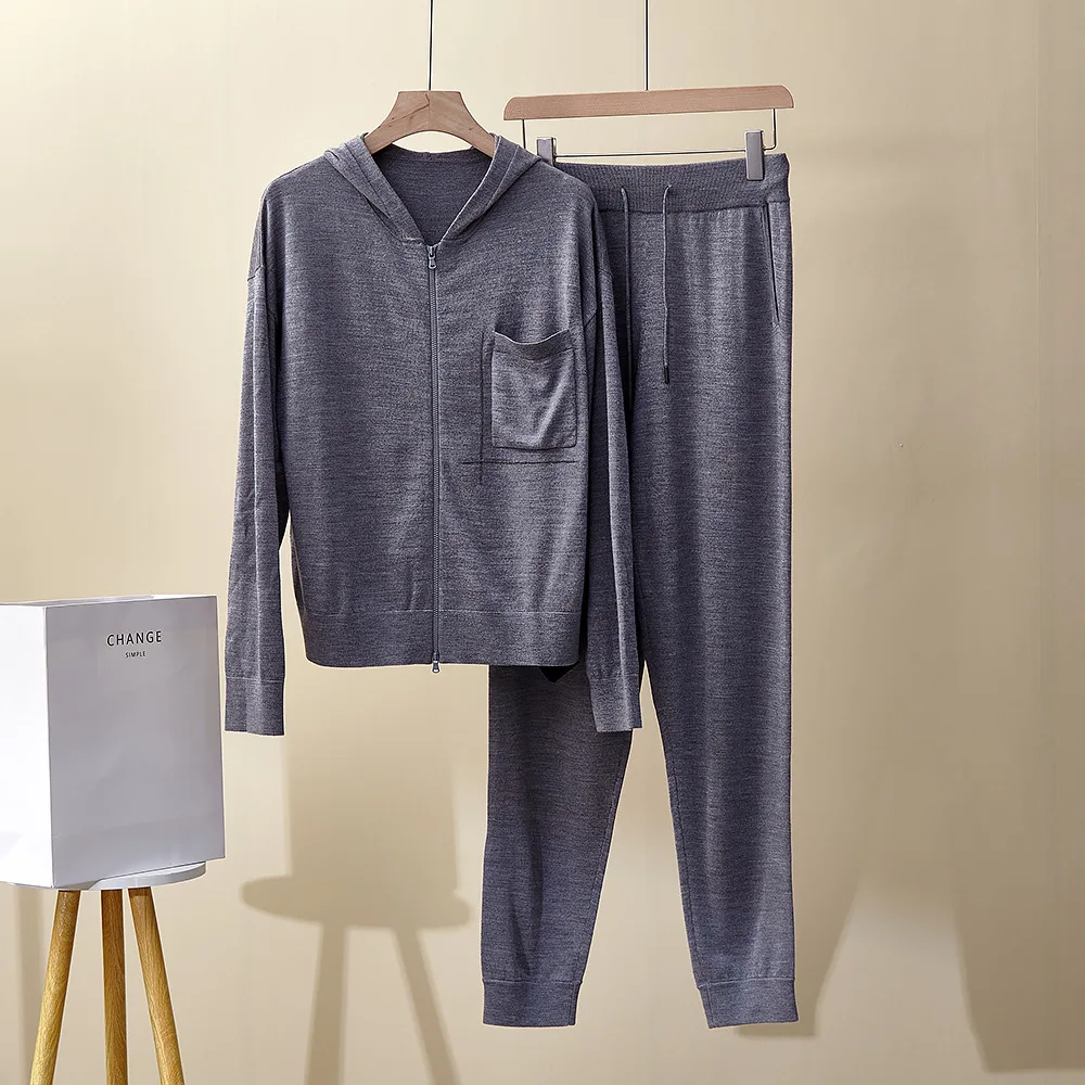 بدلة نسائية غير رسمية جديدة للربيع والصيف مع قلنسوة وبنطلون من الصوف الحريري المطرز مكون من قطعتين