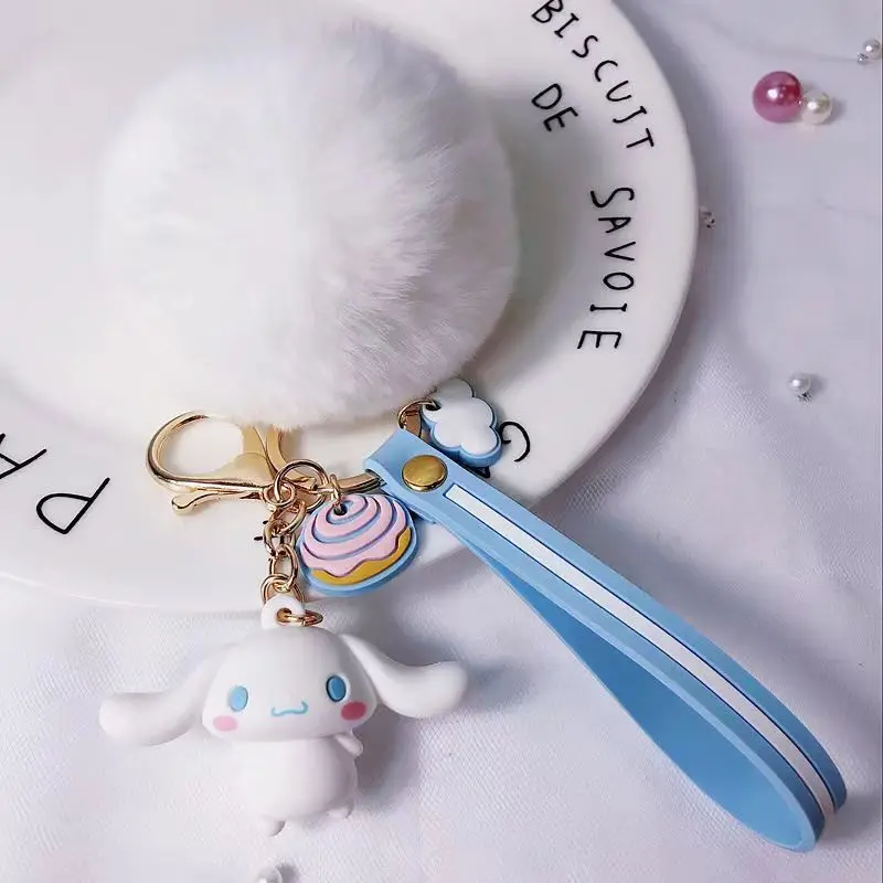 

Hello Kitty Sanrio Kuromi Penguin Frog Dog Cat Cute Keychains with Fluffy Rabbit Fur Ball Women Girl Bag Pendant Keyring Gifts