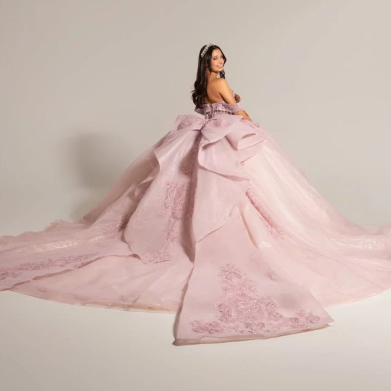 

Light Pink Shiny Ball Gown Quinceanera Dresses Applique Lace Beading Crystal Bow Tiered Tull Corset Off The Shoulder Sweet 16