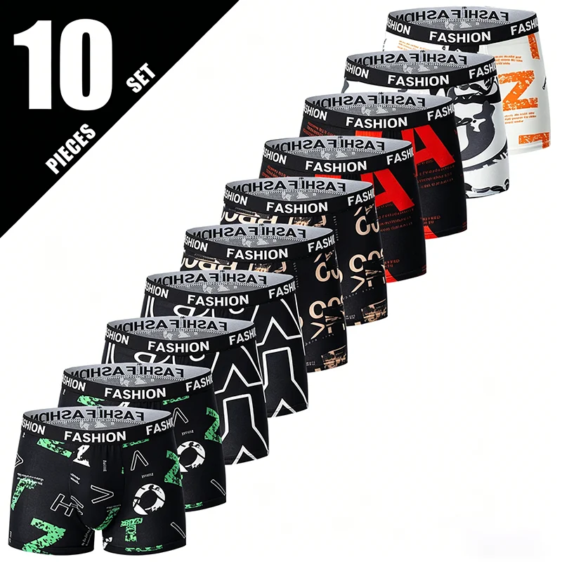 

10Pcs Men's Fashionable Printed Multi-color Combination Underwear Shorts Youth Casual Sports Underpants Boxer Shorts
