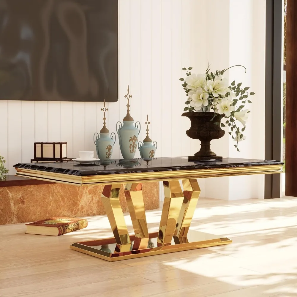 ゴールドコーヒーテーブル、黒とゴールドのコーヒーテーブル、4つの幾何学的なミラーベース付き、金属フレーム付きの長方形ティーテーブル