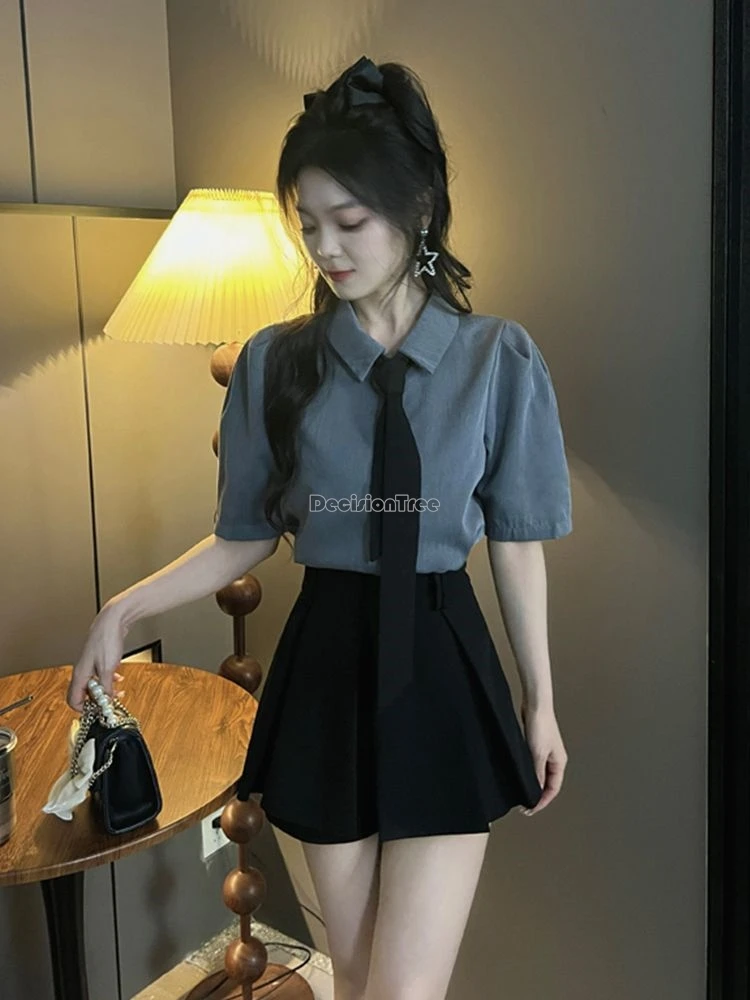 2024 Preppy style loose simple casual short-sleeved polo collar with tie puffed sleeve short shirt top skirt women jk suit w743