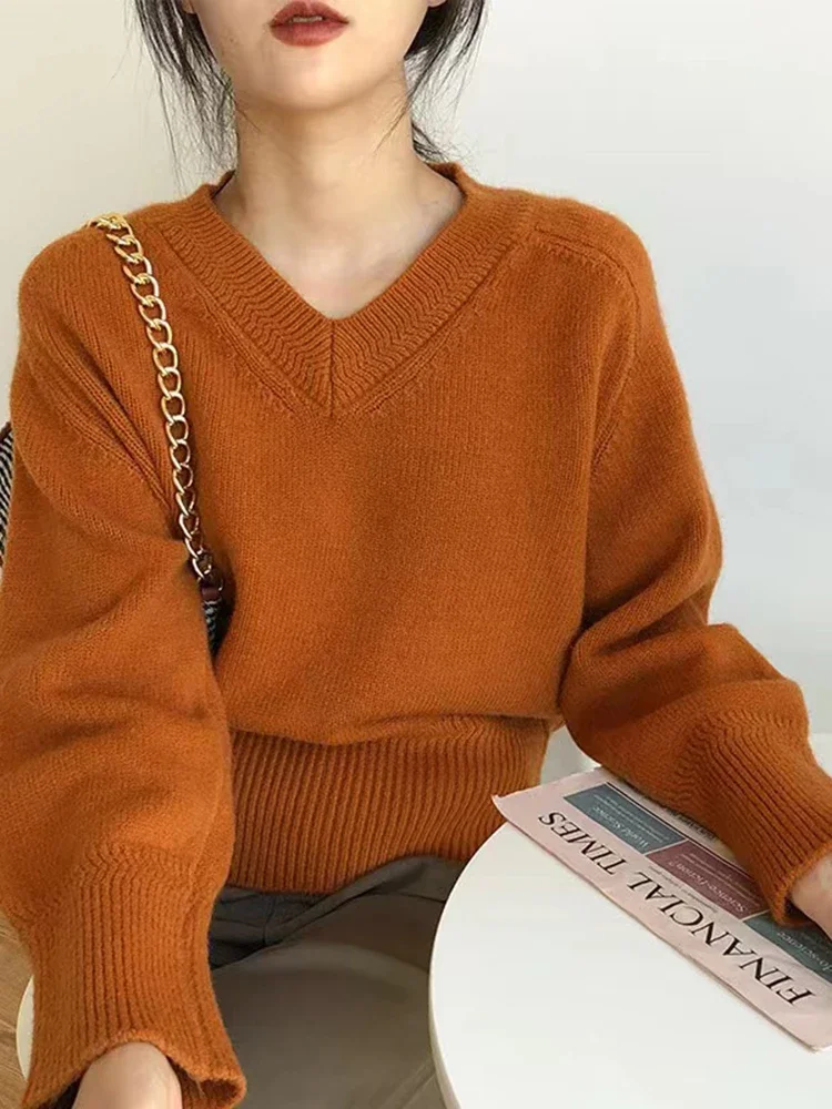 

Vintage V Neck Women Autumn Winter Sweaters Loose Knitted Pullovers Soft Warm Solid Jumper Female Sweater Knitwear Jersey Tops
