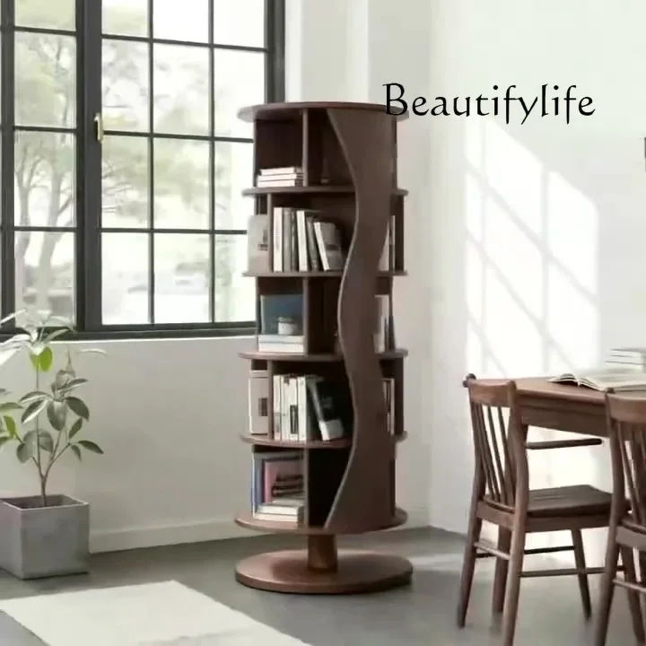 

R North American Black Walnut Solid Wood Rotating Bookshelf Round Trapezoidal Modern Bookcase Special-shaped Display Cabinet