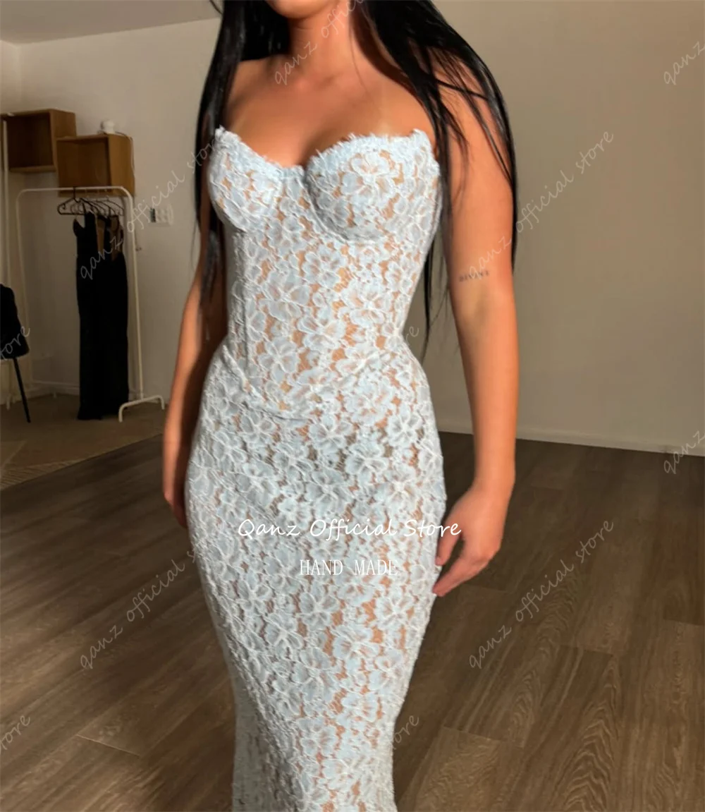 Qanz Modern Illusion Lace Appliques Evening Dresses Women Mermaid Corset Back Party Gowns Bespoke Occasion Dresses Customized image 2