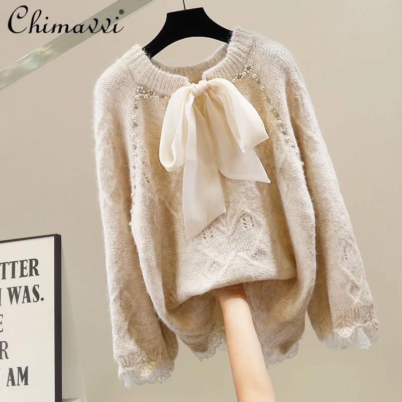 

Корейский модный вязаный свитер с бантом для тяжелой промышленности, осень 2022, новый свободный темпераментный пуловер с длинными рукавами, топ для женщин