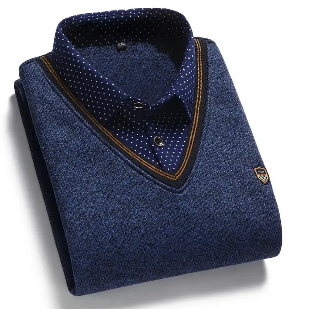 Men Sweater Checked Dot Print Fake Two-piece Men Shirt Spring Fake Two Pieces Splicing Shirt Collar Business Base Knit Sweater