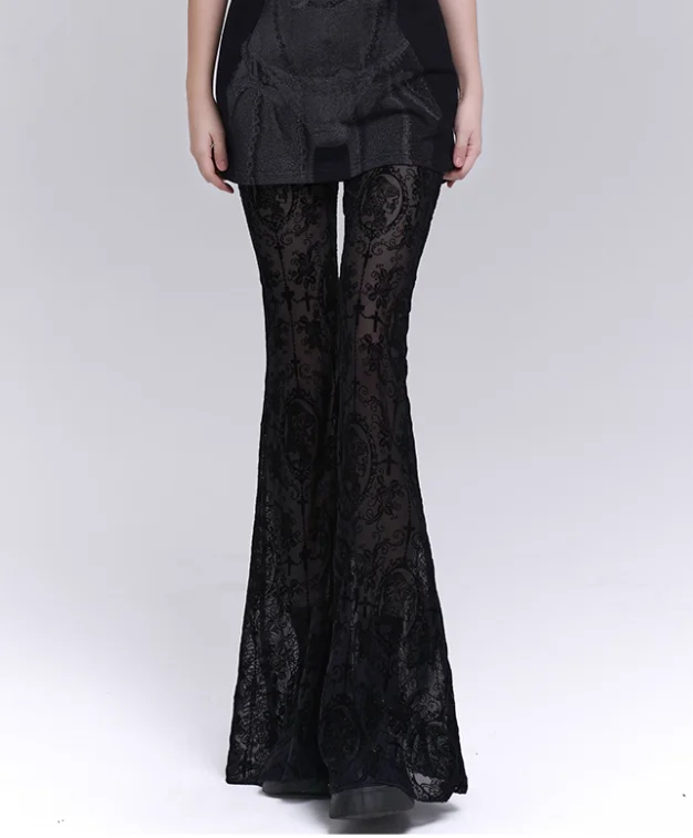 Gothic Subculture Black Sexy Sweet Lace Micro Flared Pants Fashion Versatile High Waist Personality Girls Street Punk Pants