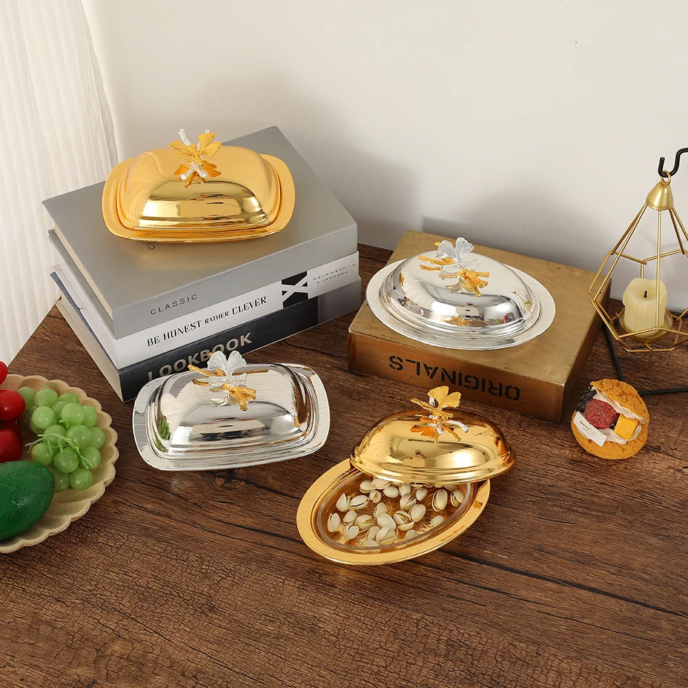 

Доступное роскошное стильное золотое и серебряное блюдо с фруктами, кухонные аксессуары, блюдо с сухофруктами и крышкой, креативное украшение для рабочего стола