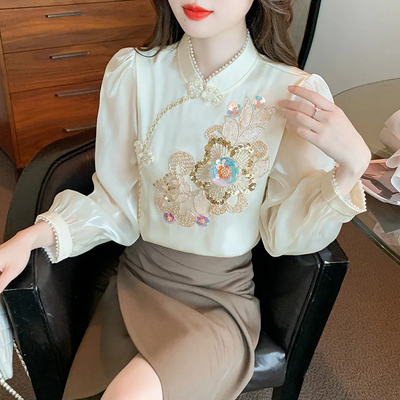 #2553 Spring Retro Chiffon Blouse Women Stand Collar Irregular Blouse Femme Long Sleeve Split Joint Sequined Flower France Style