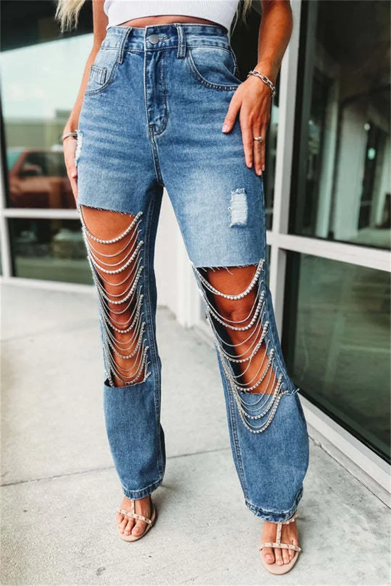 Fashion Big Broken Holes Chain Splicing Decoration Straight Jeans Women New Centre Hollow Out Denim Pants Female Casual Trousers