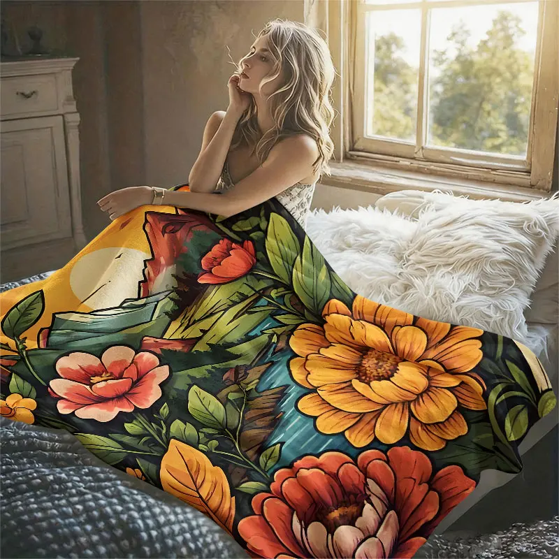 Floral Frame Mountain Sunset Flannel Blanket Perfect for Sofa Office Bed Travel Sleep Read Relax Camping Four Season Use