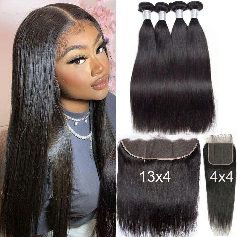 Bone Straight Human Hair Bundle with Frontal Long 30 bundles with Lace Frontal Hair Brazilian Hair Weave Bundles With Closure