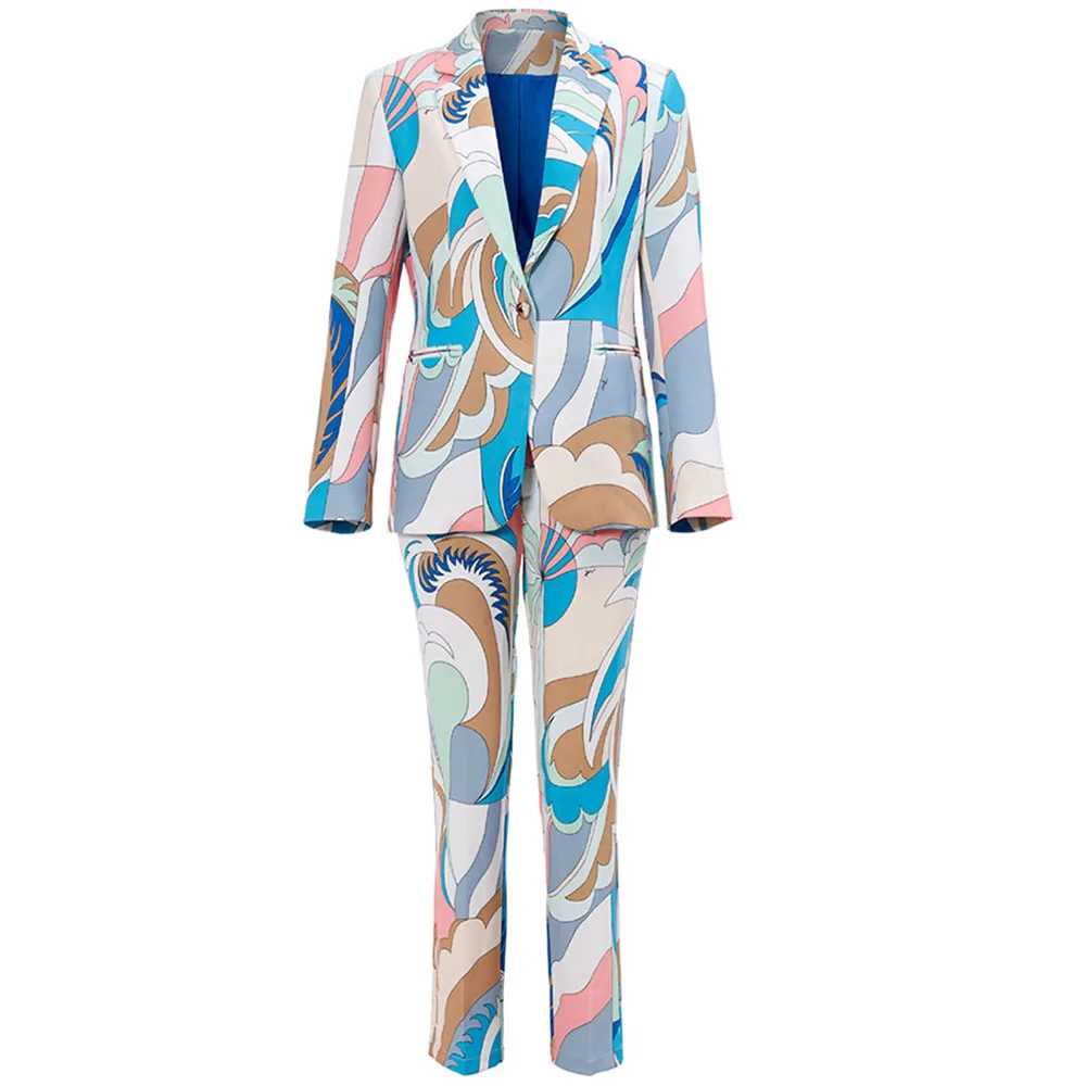 Luxury Designer 2 Piece Outfits For Women Long Sleeve Print Blazer And Pant Casual Elegant Suit Sets 2023