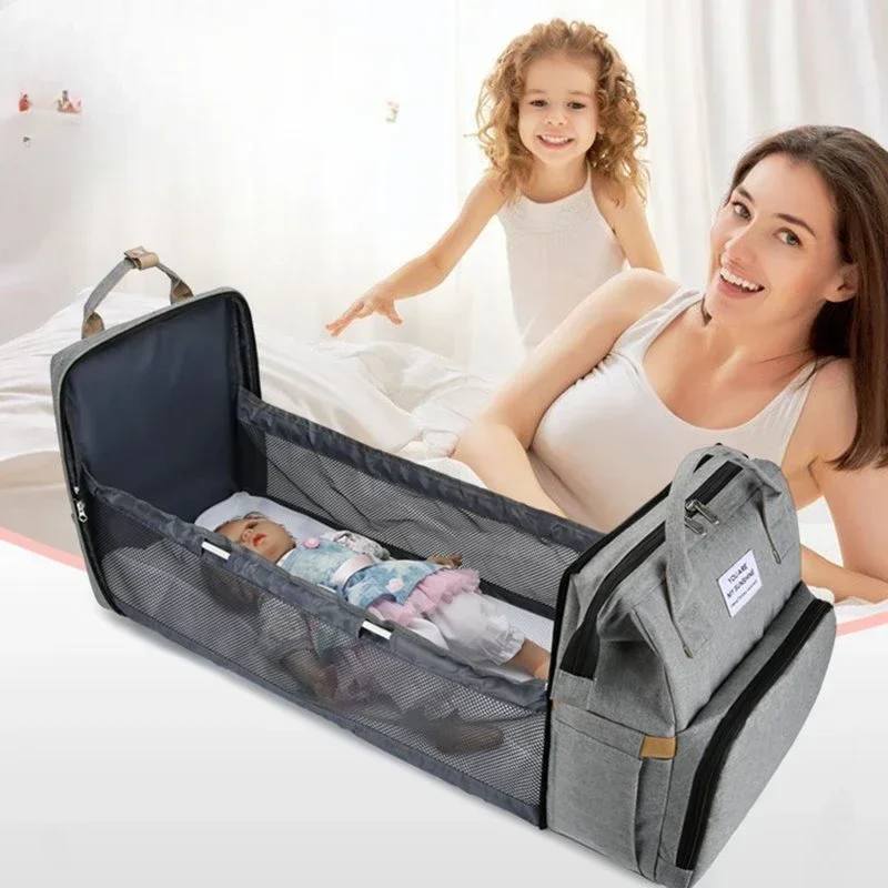 Large capacity foldable mommy bag New fashionable backpack for mothers with children Mother and baby bag foldable crib