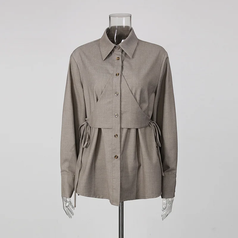 FANAN Autumn New Fake Two Piece Layered Gray Shirt Women Lapel Long Sleeve Drawstring Side Tie Waist Elegant Office Blouse