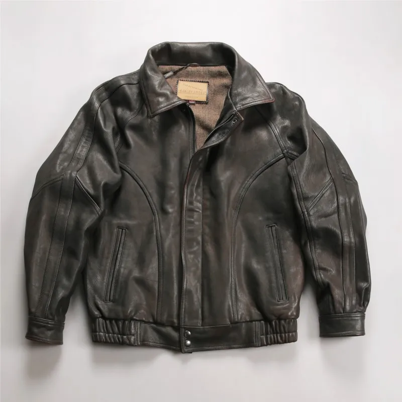 Vegetable-tanned oil waxed leather for men detachable wool-neck casual
