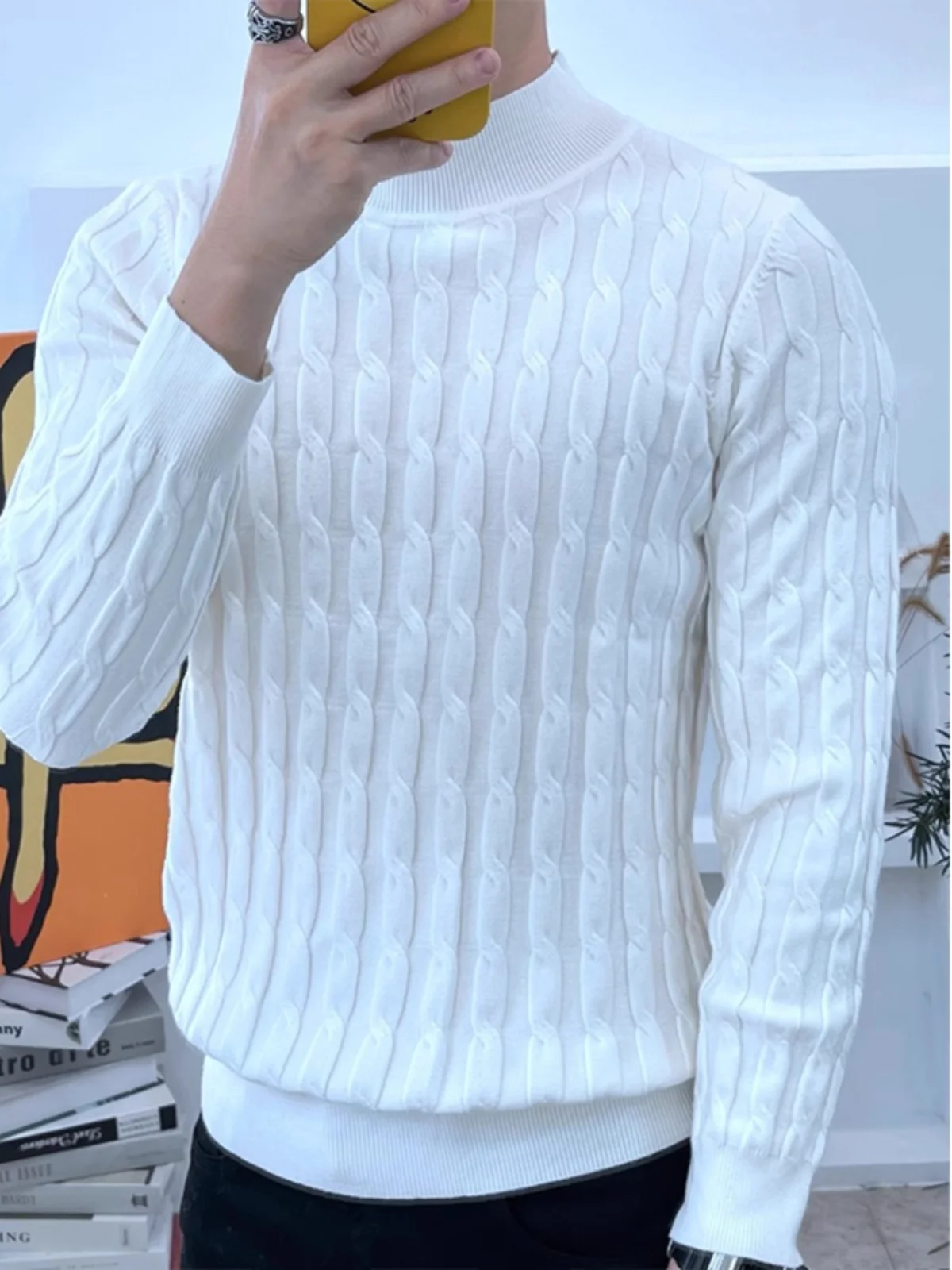 

Мужской облегающий вязаный свитер с высоким воротом, длинными рукавами и узором «косичка», осенне-зимний, модный базовый слой