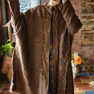 Johnature-Trench Vintage-Leinenmantel für Frauen, Blumendruck, Knopf, Kragen O, langer Geruch, Frühling, neuer chinesischer Stil, 2024 10 Hauptverkaufsmantel Major Early Floral - №8