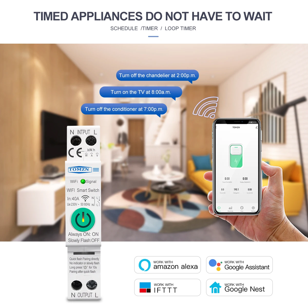TOMZN 1P+N 40A Tuya WiFi Smart Breaker Energy Monitoring Timer Relay