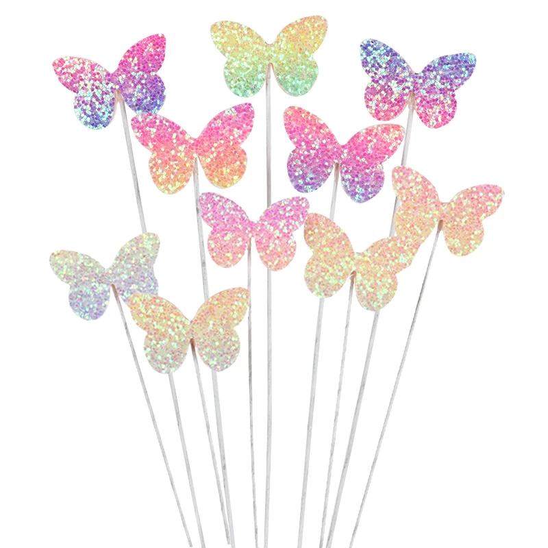 

5/10pcs Glitter Gradient Sequise Butterfly cake topper Princess Girl Wedding Happy Birthday Party Decor Dessert Cake Decor