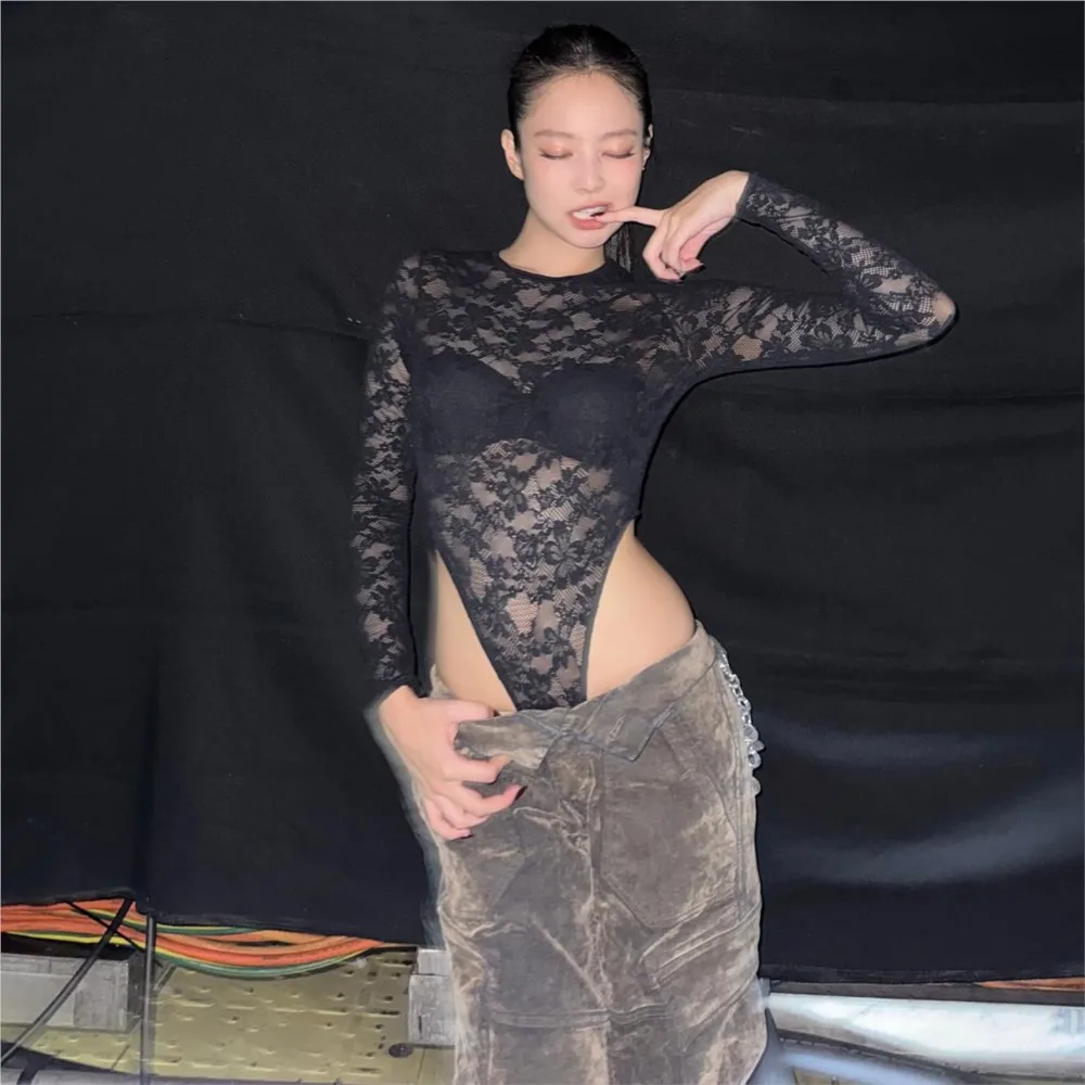 ملابس نسائية شفافة من خلال الدانتيل بدلة قفز مثيرة للنساء بأكمام طويلة بلون سادة ونحيف وبسيط يناسب الجميع #2