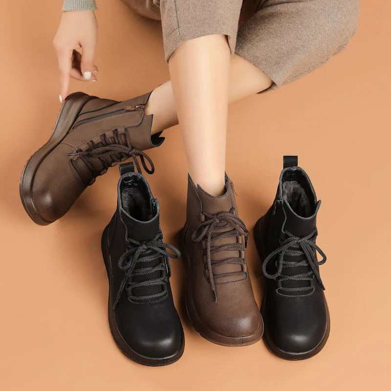 جلد طبيعي الشتاء أحذية النساء الثلوج الأحذية سميكة وحيد 3 سنتيمتر لينة الدافئة أفخم العلامة التجارية السيدات حذاء من الجلد حجم كبير 41 DX719