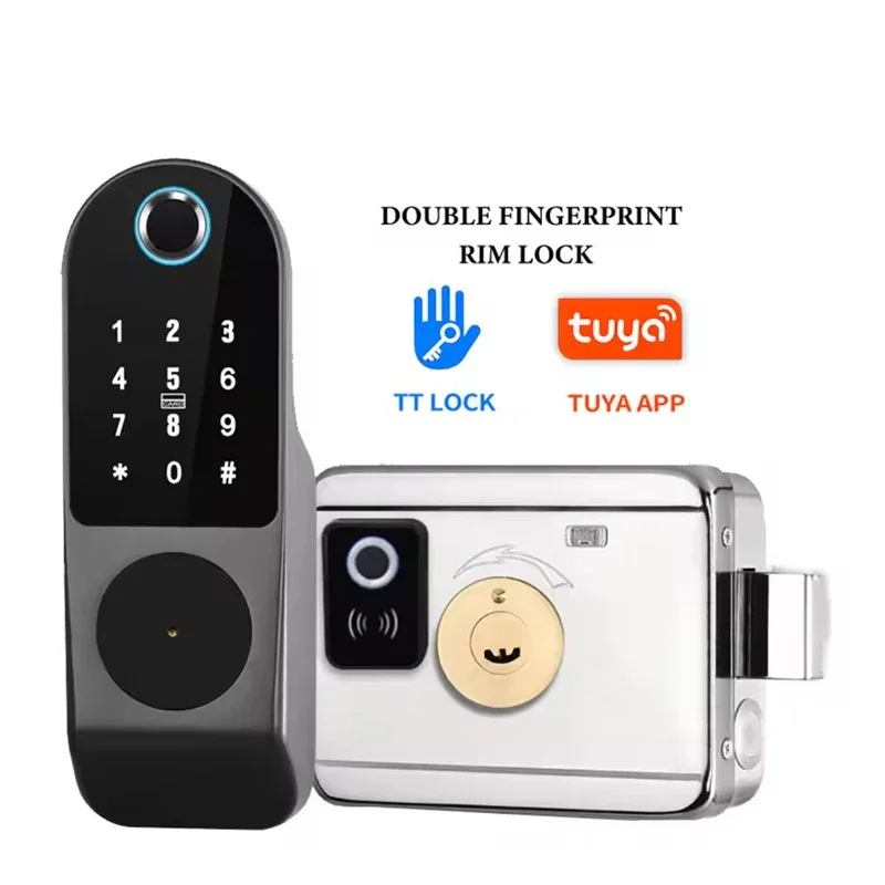 Tuya WiFi App Electric Rim Door Lock Intelligent Biometric Fingerprint NFC Smart Lock for outdoor Gate door