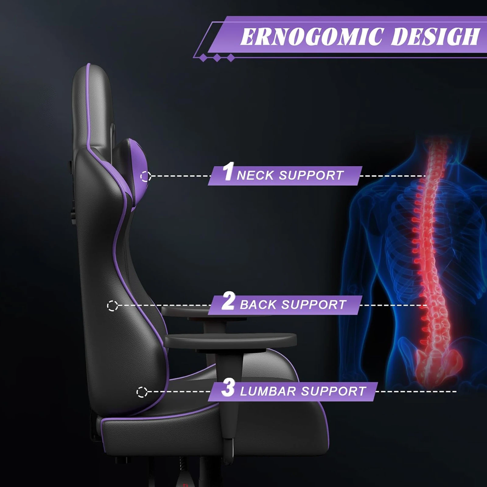 Bigzzia Ergonomic Gaming Chair - Gamer Chairs with Lumbar Cushion Headrest Home Computer Chair Height Adjustable Office Chair