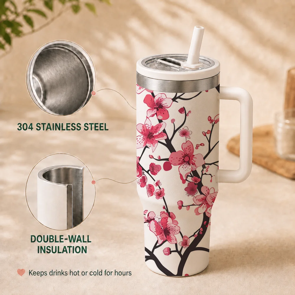 Cherry Blossoms Sakura Pattern Vacuum Flasks 40oz Insulated Stainless Steel Tumbler Leakproof Straw Lid & Grip Handle Travel Cup