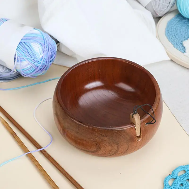 Yarn Bowl For Knitting Portable Round Crochet Bowls Rustic Yarn Holder Bowl Wear-Resistant Crochet Bowls With Hole For Knitters