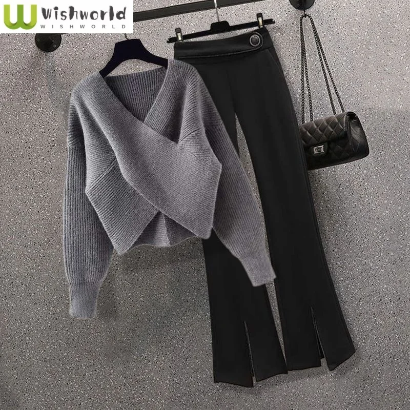 

Cross V-neck Long Sleeved Knitted Sweater Cardigan Casual Flared Pants Two-piece Set Elegant Women's Pants Set Autumn Outfits