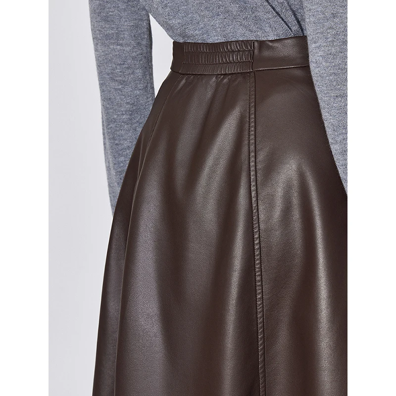 TOYOUTH Female PU leather Skirt 2024 Autumn New High Elastic Waisted A Line Mid Length Skirt