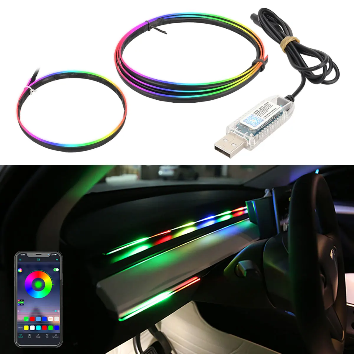 Serpentina de luz Led para Interior de coche, 2 en 1, a todo Color, guía acrílica, fibra óptica, luz ambiental Universal