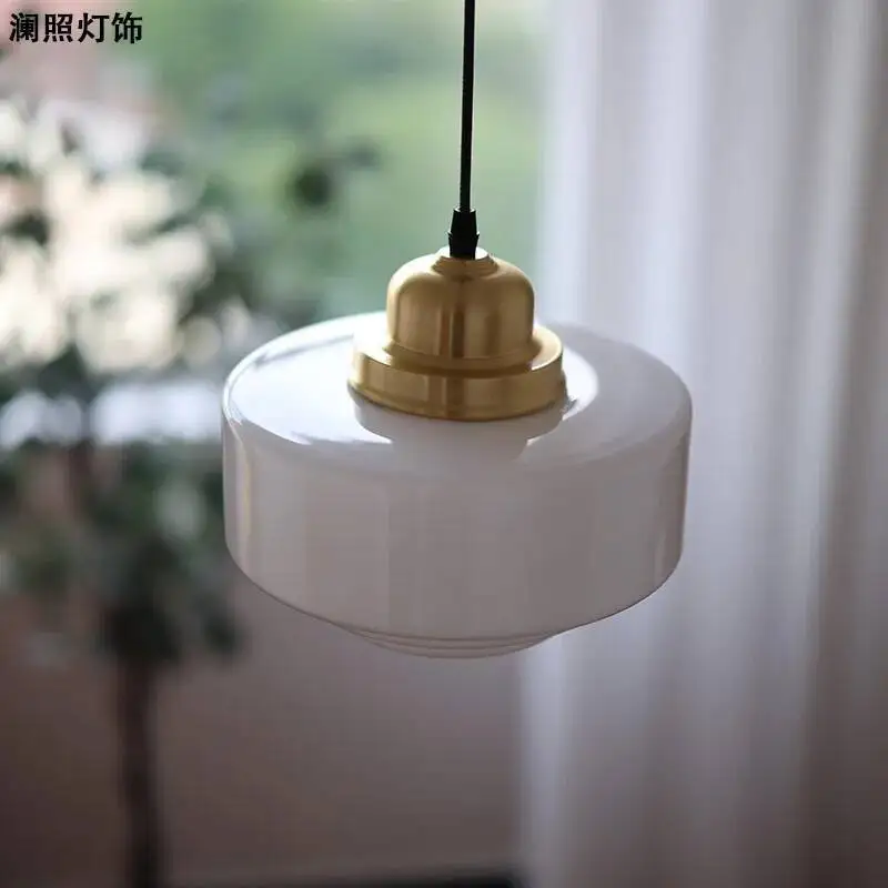

French Vintage Brass Pendant Light - Milky Glass Chandelier Hanging Lamp for Cafe/Bar, Minimalist Retro Decor, E27 Socket,