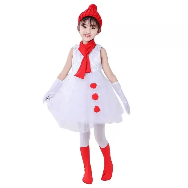 Kids Girls Dress Christmas Snowman Costume with Red Riding Hood Kids Halloween Party Dance Outfit for Gift