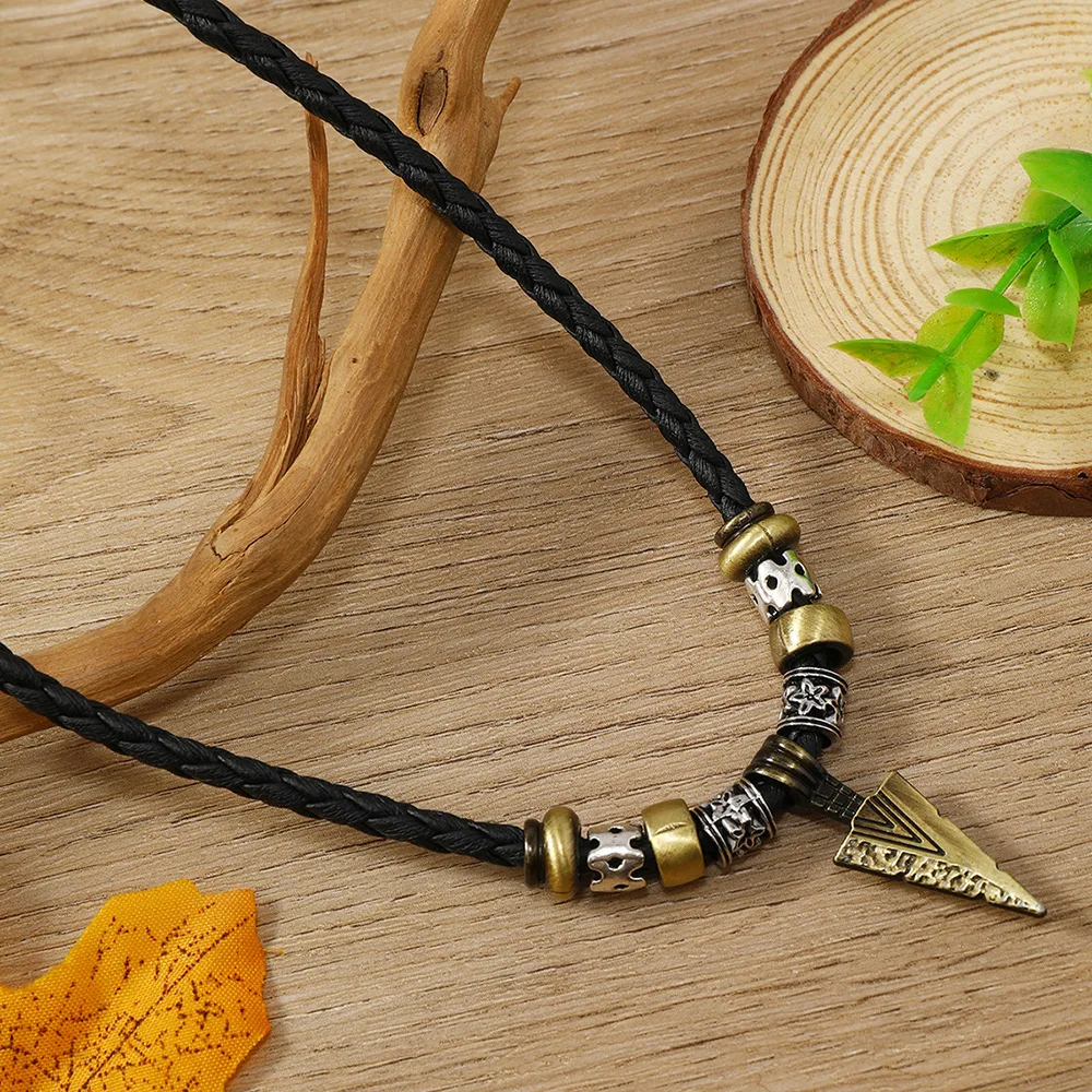 New retro style woven necklace personalized metal triangular pyramid pendant accessories pendant men's beaded wax rope sweater c