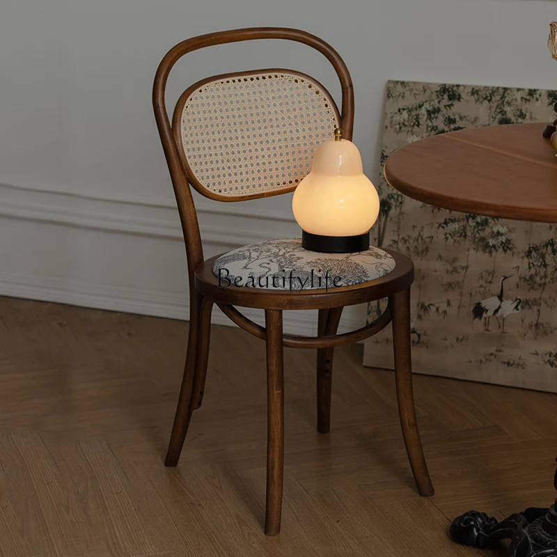Retro Solid Wood Rattan Dining Chair French Modern Dining Chair
