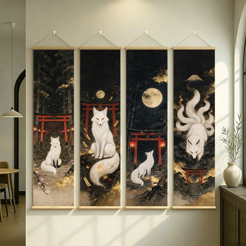 Japanese Wall Art Fox Spirits Torii Gates and Full Moon on Silver Shimmer Canvas for a Mystical Bedroom Interior Decor