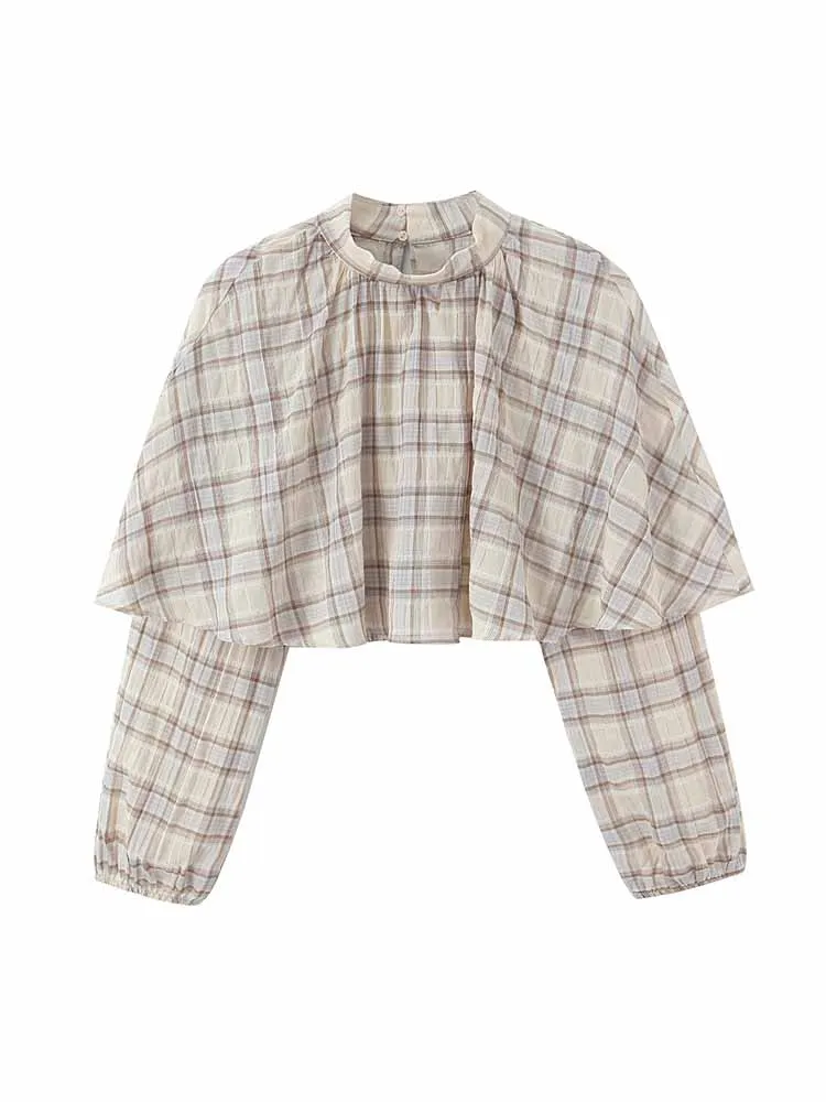 HH Woman Spring Fashion Long Sleeves Round Neck Plaid Layered Decoration Short Tops Female Casual Versatile Comfortable Tops