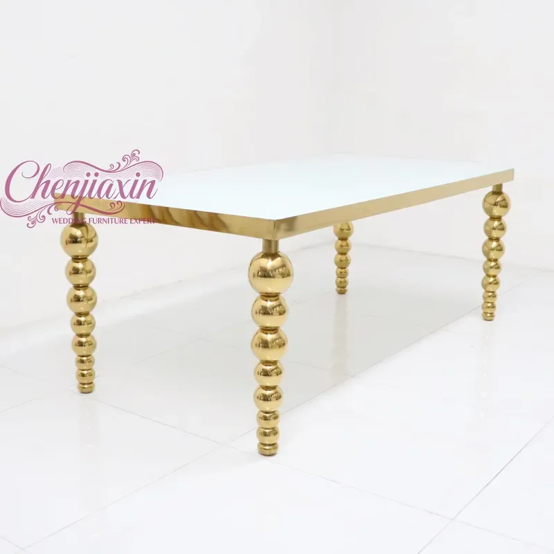 Factory New Hotel Hall Furniture Gold Stainless Steel Rectangular Glass Wedding Dining Tables and Chairs for Party