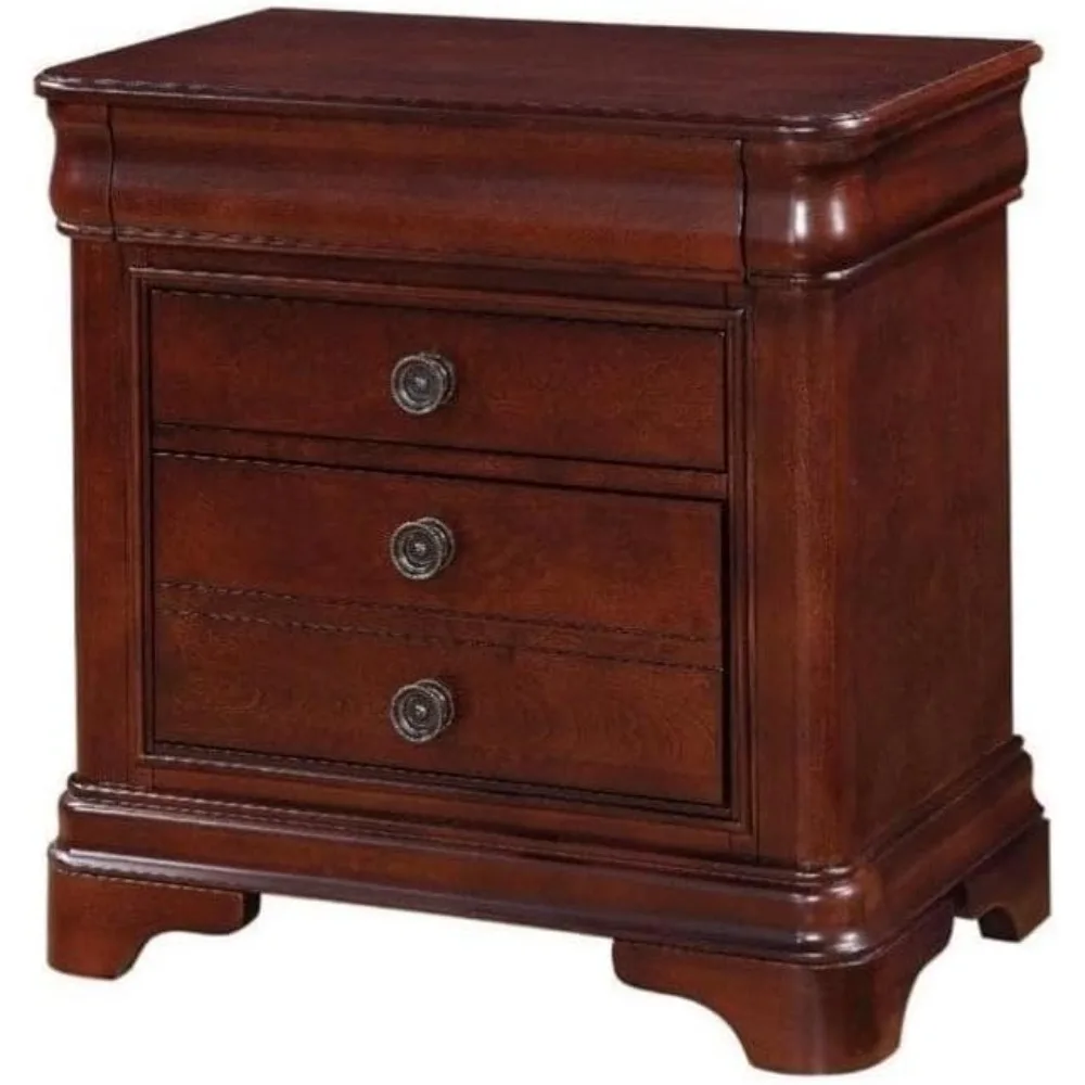 HILL Traditional 3 Drawer Nightstand Bedside Table Solid Wood Hidden Jewelry Drawer in Dark Cherry and Antique Brass