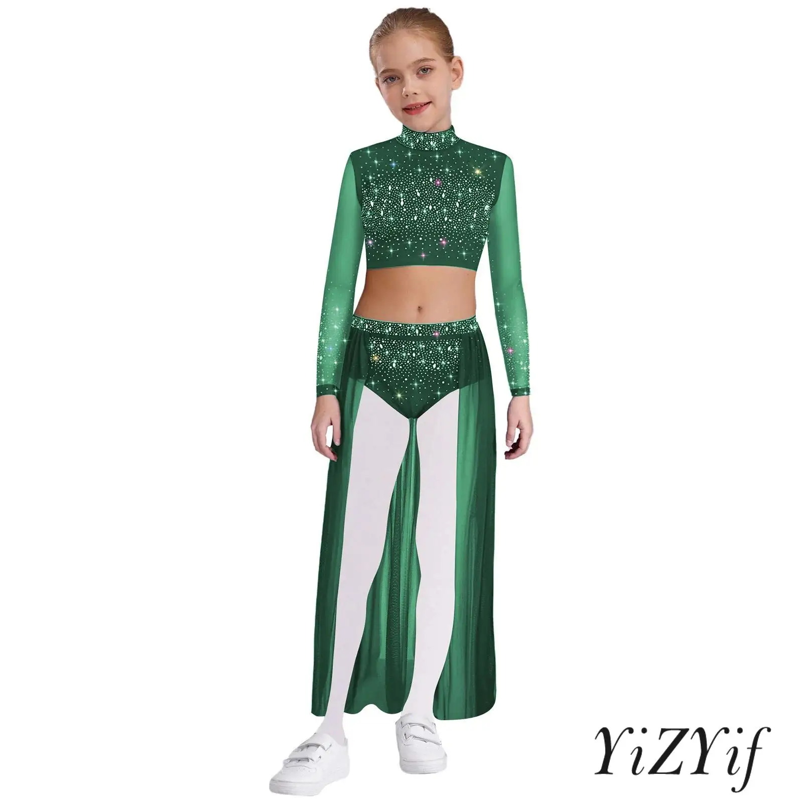 

Kids Girl Modern Lyrical Dance Costume Mock Neck Long Sleeve Keyhole Back Shiny Rhinestones Crop Top with Flowy Sheer Mesh Skirt