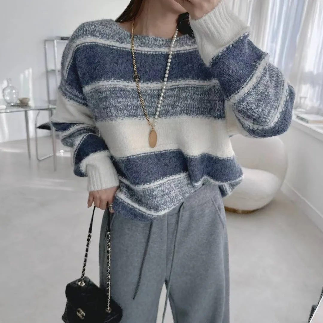 Korean Style Loose Fit Striped Knit Sweater Women's Overhead Shoulder Drop Soft Cozy Knitted Top Fashion Casual Winter Wear