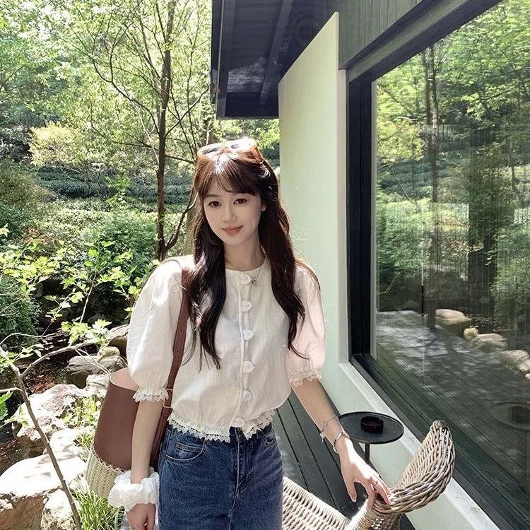 

Рубашки с коротким рукавом, женская кружевная укороченная рубашка с вышивкой, повседневная рубашка Kawaii, милая женская студенческая девичья студенческая художественная рубашка для колледжа