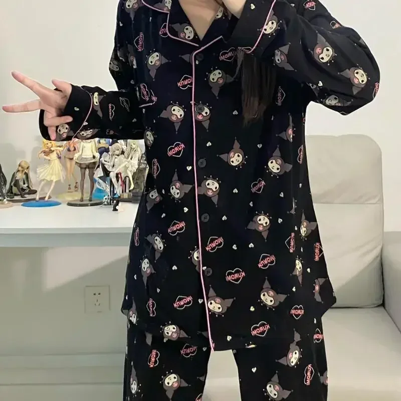 Kawaii Kuromi Anime Sanrio Pajamas Sets Spring and Autumn Girls Kuromi Cartoon Sleepwear Long Sleeved Thin Princess Home Wear