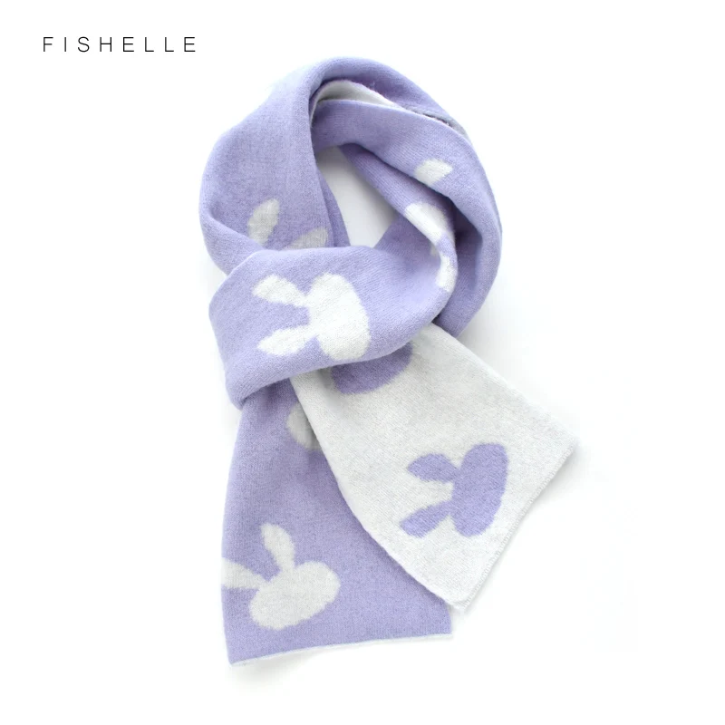 Cute cartoon bunny light purple pink wool scarf for women\'s scarfs winter warm knitting double-sided small girls scarves