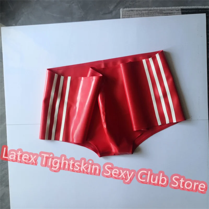 

Men Latex Panties Boxer Red with White Trim Sexy Fetish Shorts Handmade Underwear Club Wear for Men Cosplay Costumes