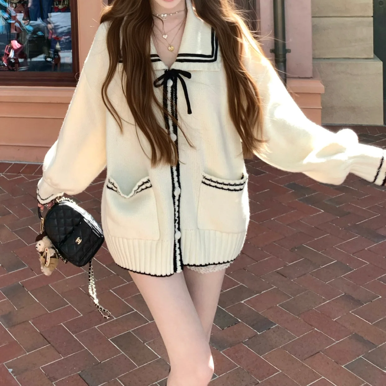 فضفاضة تناسب سترة مشغولة من الصوف المرأة الخريف الشتاء نمط جديد بولو طوق سترة سترة الكورية كلية نمط البحرية طوق