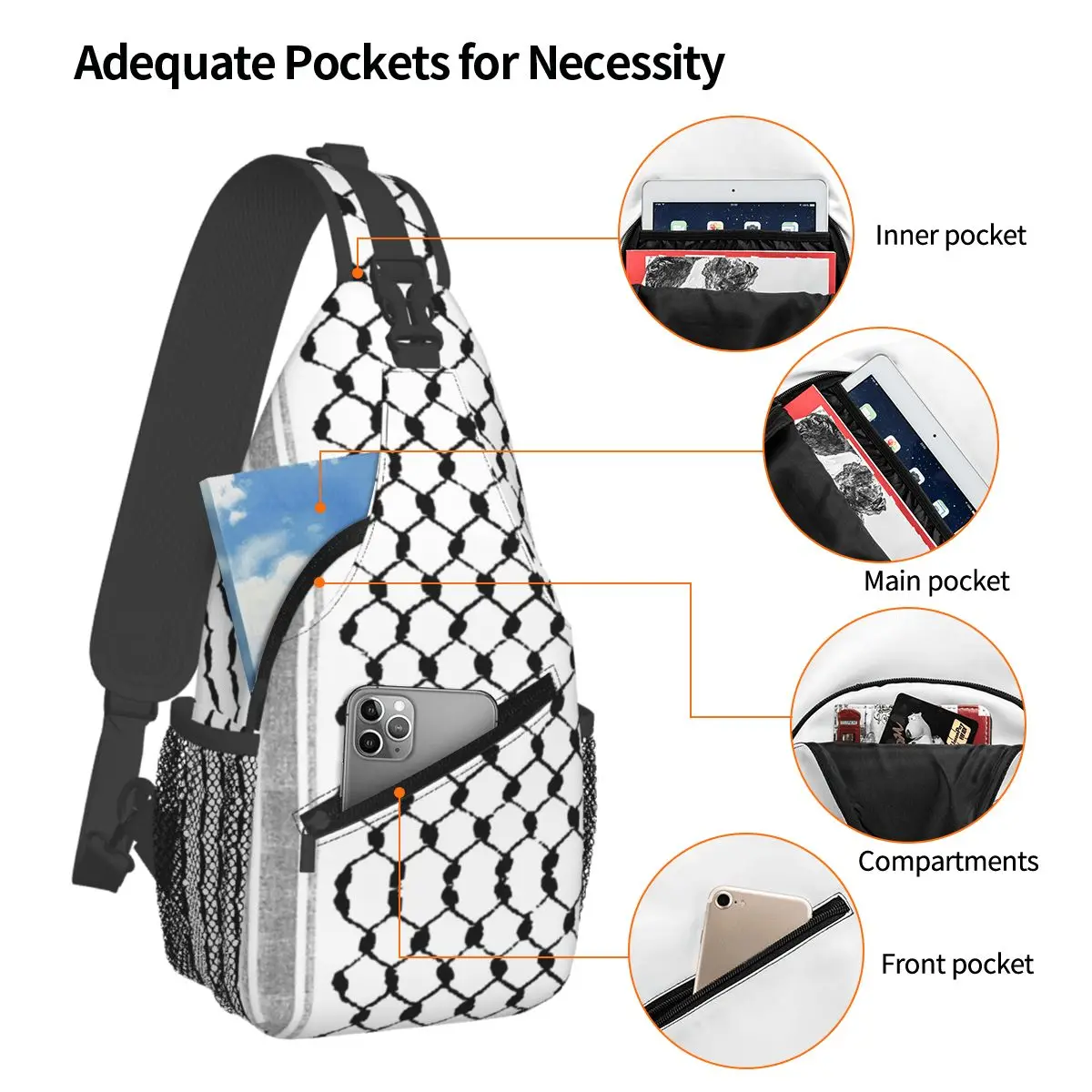 Palestijnse Hatta Kufiya Folk Patroon Kleine Sling Tassen Borst Crossbody Schouder Rugzak Outdoor Dagrugzakken Palestine Keffiyeh Tas